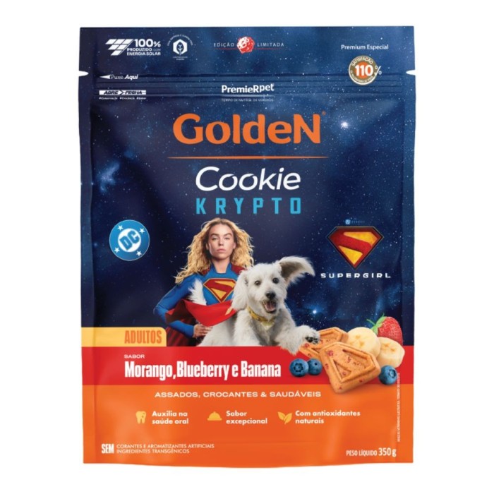 Cookie Golden Krypto Supergirl - Cães Adultos Porte Pequeno - Morango, Blueberry e Banana