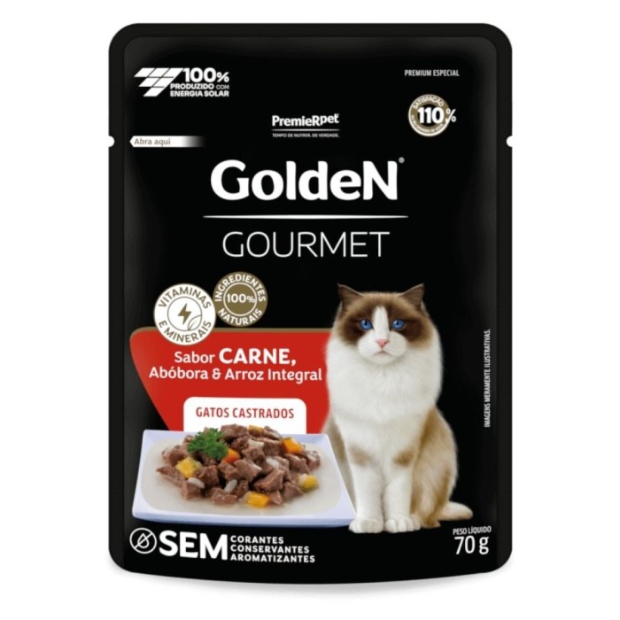 Sachê Golden Gourmet - Gatos Castrados - Carne, Abóbora e Arroz Integral 