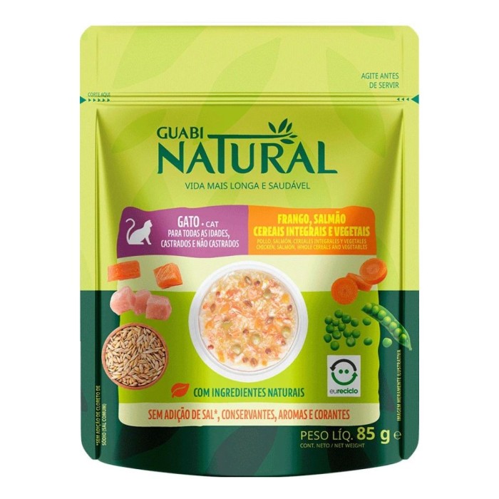 Sachê Guabi Natural - Gatos de Todas as Idades, Castrados e Não Castrados - Frango, Salmão, Cereais Integrais e Vegetais