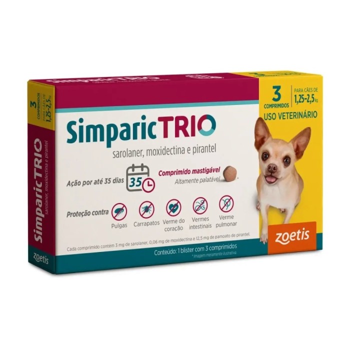 Simparic TRIO - Combo 3 Comprimidos antipulgas, carrapatos, verme do coração, vermes intestinais e verme pulmonar para Cães