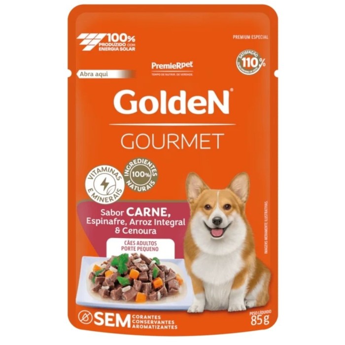 Sachê Golden Gourmet - Cães Adultos Porte Pequeno - Carne, Espinafre, Arroz integral e Cenoura