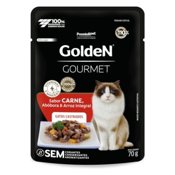 Sachê Golden Gourmet - Gatos Castrados - Carne, Abóbora e Arroz Integral 