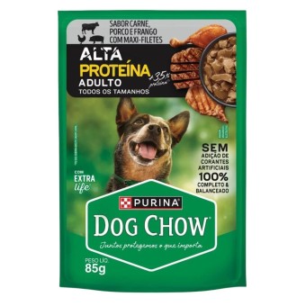 Sachê Dog Chow Alta Proteína - Cães Adultos, todos os tamanhos - Carne, Porco e Frango com Maxi-Filetes