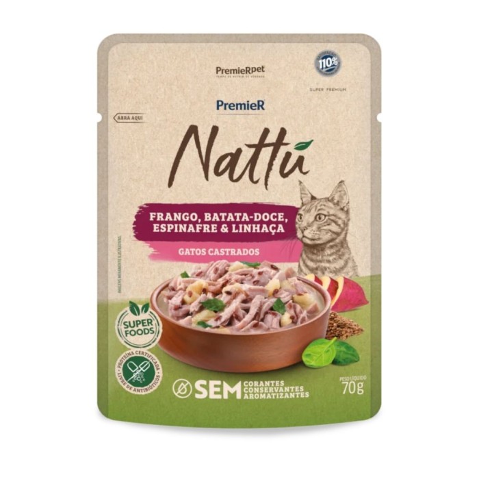 Sachê Premier Nattu - Gatos Castrados - Frango, Batata Doce, Espinafre e Linhaça 