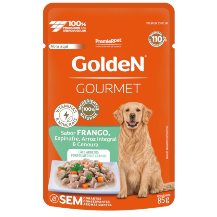 Sachê Golden Gourmet - Cães Adultos Porte Médio e Grande - Frango, Espinafre, Arroz integral e Cenoura