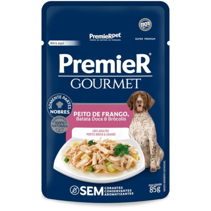 Sachê Premier  Gourmet - Cães Adultos Portes Médio e Grande - Peito de Frango, Batata Doce e Brócolis