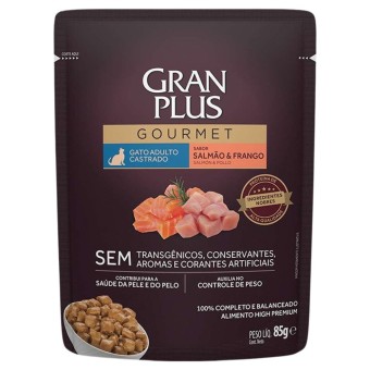  Sachê Gran Plus Gourmet - Gatos Adultos Castrados - Salmão e Frango