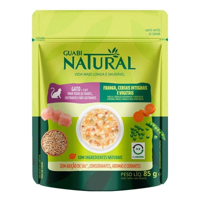 Sachê Guabi Natural - Gatos de Todas as Idades, Castrados e Não Castrados - Frango, Cereais Integrais e Vegetais