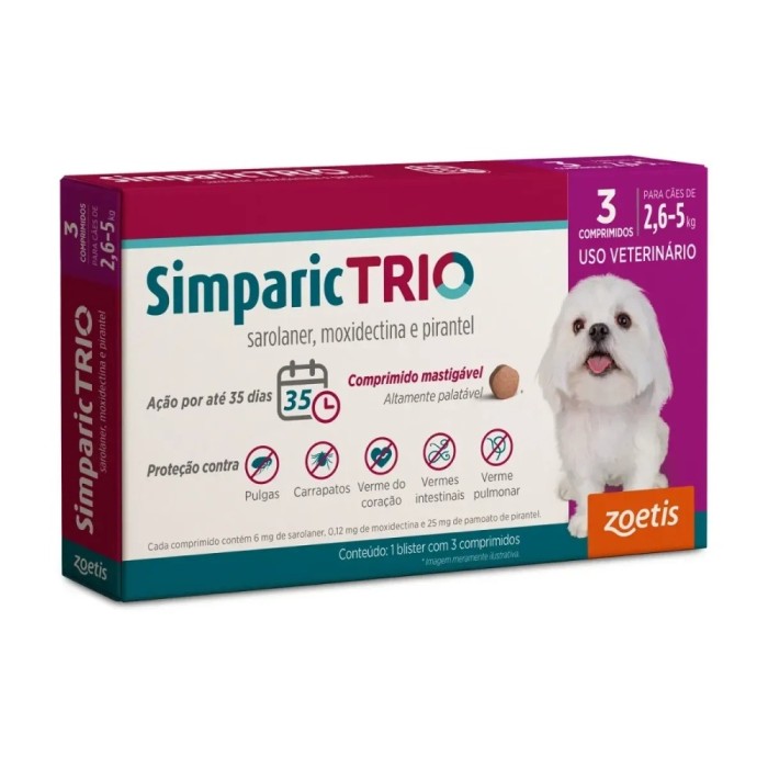 Simparic TRIO - Combo 3 Comprimidos antipulgas, carrapatos, verme do coração, vermes intestinais e verme pulmonar para Cães