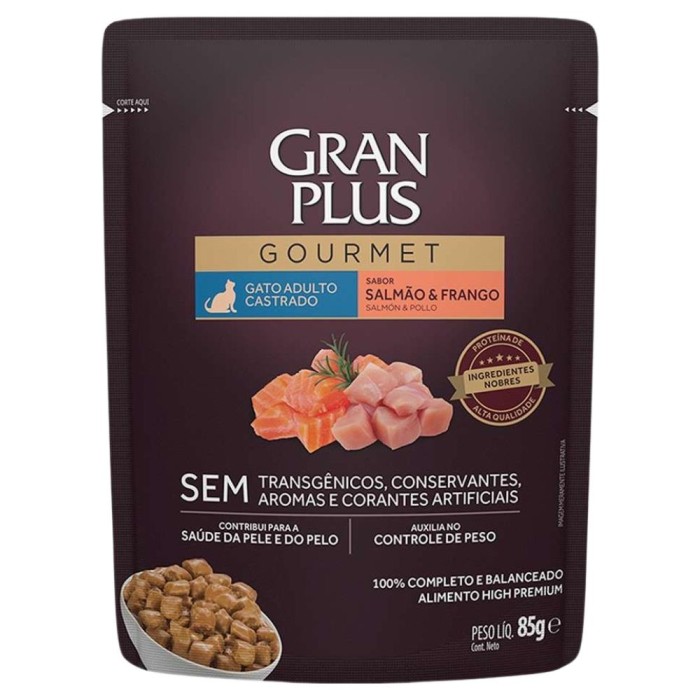  Sachê Gran Plus Gourmet - Gatos Adultos Castrados - Salmão e Frango