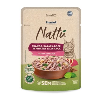 Sachê Premier Nattu - Gatos Castrados - Frango, Batata Doce, Espinafre e Linhaça 