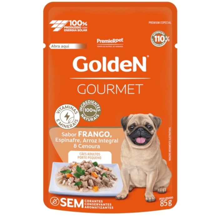 Sachê Golden Gourmet - Cães Adultos Porte Pequeno - Frango, Espinafre, Arroz integral e Cenoura