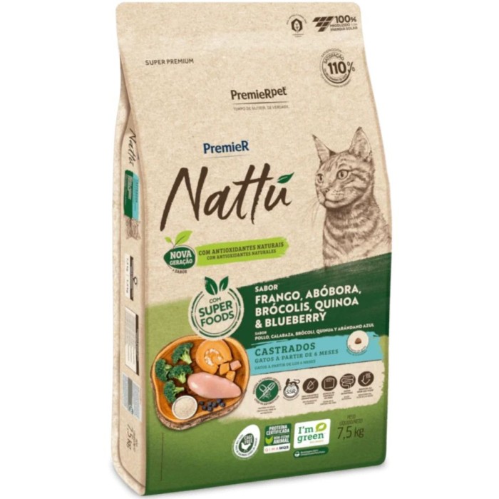 Premier Nattu - Gatos Castrados - Frango, Abóbora, Brócolis, Quinoa e Blueberry 