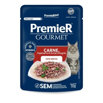 Sachê Premier Gourmet - Gatos Adultos - Carne, Espinafre e Arroz Integral 