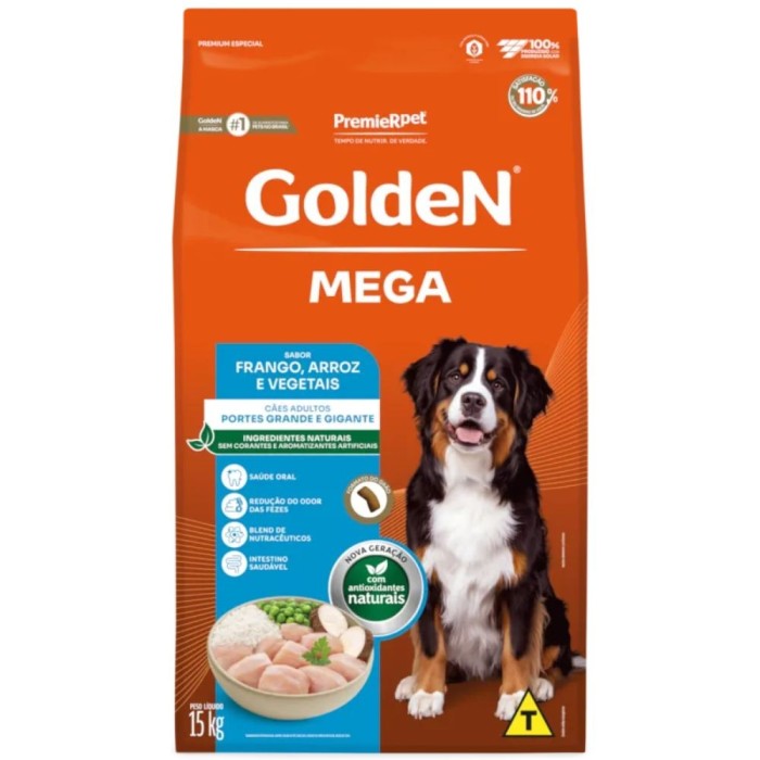 Golden Mega - Cães Adultos Porte Grande e Gigante - Frango, Arroz e Vegetais