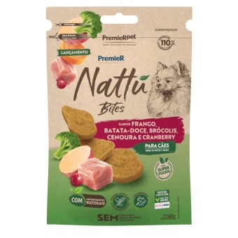 Petisco Nattu Bites - Cães de Todos os Portes e Idades - Frango, Batata Doce, Brócolis, Cenoura e Cranberry