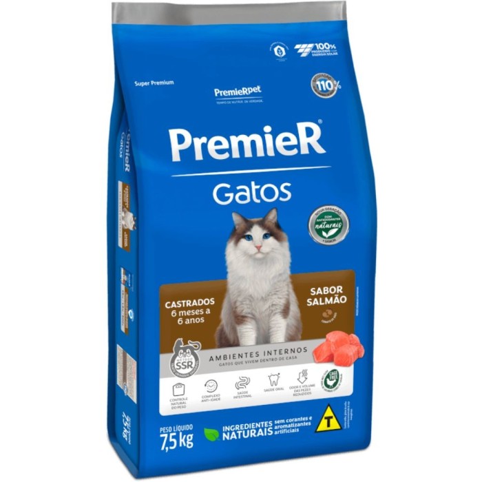 Premier Ambientes Internos - Gatos Castrados, 6 meses a 6 anos - Salmão